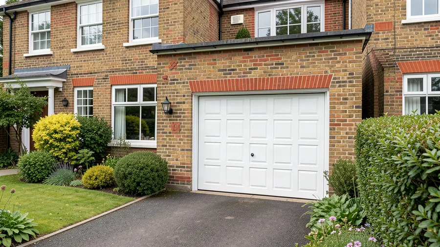 A steel up and over garage door on a detached home garage